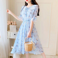 【精選夏季新品】夏季連衣裙女高檔氣質夏季連衣裙子女子夏中長款甜美娃娃領碎花雪紡仙女連衣裙女 藍色-裙子夏天仙女 2XL 【建議121-140斤】-裙子夏天仙女