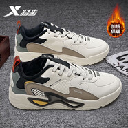 特步（XTEP）加絨棉鞋秋冬季新款暗流3.0皮面防水運動休閑鞋子保暖二棉鞋男士 茶白色/茶褐色【加絨保暖】 41