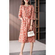 原形高端碎花苧麻中長(zhǎng)款連衣裙女2024夏季新款印花寬松顯瘦直筒裙子 橘粉色 M