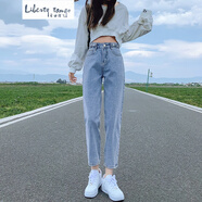 自由探戈哈倫牛仔褲女2025秋季小個子八分寬松高腰蘿卜老爹褲子 淺藍色(八分) M