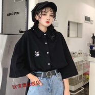 青少女生夏天襯衫外套初中生高中生黑色短袖女小眾復古學(xué)生韓版寬松學(xué)院風(fēng)襯衣夏 黑色 M