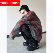 YOOOURTHING慵懶風(fēng)冬季街頭仿馬海毛拼色不規(guī)則條紋漸變毛衣男女針織衫ins 紅色 L【建議110-120斤】