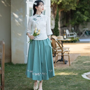 妖妮旗袍漢服女成人日常演出2025新中式國(guó)風(fēng)雪紡棉麻繡花連衣裙兩件套 6339白色上衣+綠色裙 2XL (建議體重110-120斤）
