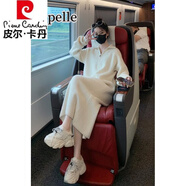 皮爾卡丹（pierre cardin）連衣裙女秋冬新款2023拉鏈設計感法式黑色中長(cháng)款打底針織毛衣裙女 米白色 S(建議80-100)