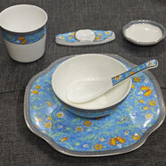 琺瑯彩碗碟餐具新中式會(huì )所餐廳擺臺創(chuàng  )意浮雕琺瑯彩碗杯勺陶瓷套裝 六件套藍彩