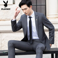 花花公子商務(wù)男士西服套裝男修身職業(yè)裝正裝上班工作西裝結婚新郎禮服外套 灰色一?？蹎渭鞣?胸針 XL （125斤-140斤）