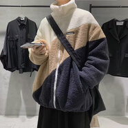 奈加圖港風(fēng)羊羔毛絨外套男冬季韓版潮流棉衣男青少年棉服ins外套男 白拼黃 M 90-120斤