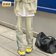 若卡姿側(cè)邊拉鏈黃泥染牛仔褲女女春秋款美式高街寬松直筒闊腿做舊長褲子 [黃泥色-301拉鏈高品質(zhì)] S _90-105斤