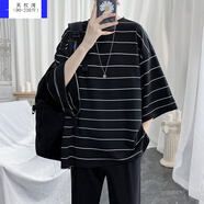 吳權灣5XL可穿230斤蝙蝠衫黑白條紋短袖T恤男潮流上衣寬松大碼oversize夏季5分袖網(wǎng)紅男裝 黑色 M