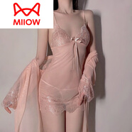 貓人（MiiOW）性感睡衣女2025新款絲綢蕾絲睡裙輕奢帶胸墊真絲內(nèi)衣吊帶網(wǎng)紗套裙 粉茶花  睡裙+外袍 L