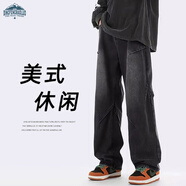 頂峰保羅（Dingfengbaoluo）美式高街牛仔褲男秋季小眾休閑復古寬松直筒闊腿褲9328黑色5XL