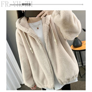 FR.YH.ZH珞嘉服飾仿獺兔毛連帽棉衣加厚毛毛外套毛絨絨外套女冬款保暖棉服 杏色 M(建議95-110斤)