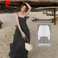 皮爾卡丹（pierre cardin）海邊紅裙旅游沙漠穿搭吊帶連衣裙適合大理洱海拍照的紅色沙灘裙女 黑色+白色均碼開衫 M