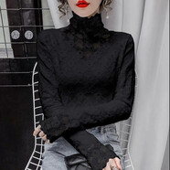 婷婉美薄款/加絨半高領(lǐng)鉤花長(cháng)袖蕾絲衫女秋冬新款氣質(zhì)內搭打底衫上衣潮 01款黑色薄款 L