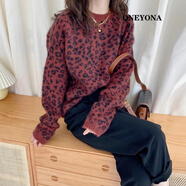 ONE YONA 香港潮牌歐洲站秋裝新款歐貨女裝時尚豹紋毛衣女秋冬加厚針織衫潮 深紅色 L