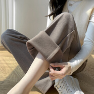 雪沐蓉 加絨毛呢闊腿褲女秋冬高腰休閑直筒褲加長(cháng)拖地褲百搭顯瘦女褲子 淺咖色（常規褲長(cháng)18557） M