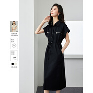 梵希蔓工裝風(fēng)連肩袖連衣裙女2025年夏新款收腰顯瘦后開衩氣質(zhì)裙子 16637 黑色 S