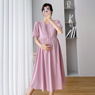 婧麒孕婦連衣裙夏款2025新款女氣質(zhì)夏季哺乳裙子寬松孕婦夏裝長(cháng)裙 粉色Jly22130【開(kāi)扣可哺乳】 XXL