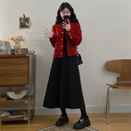 歐迪惠（Oudihui）2025年新款秋冬連衣裙女裝新年戰(zhàn)袍小香風(fēng)紅色外套毛呢裙子女套裝 紅外套+打底衫+黑半身裙 L