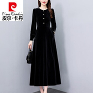 皮爾卡丹（pierre cardin）赫本風(fēng)金絲絨高端連衣裙女2024秋冬季新款貴夫人氣質(zhì)收腰顯瘦長(cháng)裙 黑色 XL
