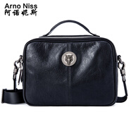 阿諾妮斯男士單肩包植鞣牛皮斜挎包商務(wù)手提包橫款休閑手機包防盜刷大容量 黑色+信息安全屏蔽包