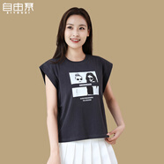 自由系美式白色正肩印花無(wú)袖t恤女短袖夏季小飛袖坎肩背心寬松上衣