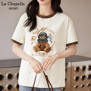 La Chapelle Sport拉夏貝爾撞色短袖t恤女夏季時(shí)尚百搭簡(jiǎn)約休閑潮牌純棉打底衫女 奶白色(宇航熊) M /160(推薦100-115斤)