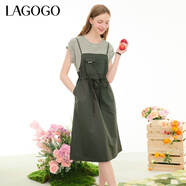 LAGOGO純棉條紋拼接文藝風(fēng)連衣裙女拉谷谷夏季新款休閑假兩件裙子 綠米(LT) S