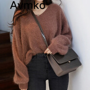 Avmko新款秋冬寬松顯瘦慵懶風燈籠袖馬海毛V領毛衣女套頭外穿針織衫 咖啡色 XL