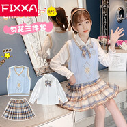 FIXXA女童春款jk套裝2025新款兒童裝女孩春秋學(xué)院風(fēng)毛衣襯衫短裙三件套 三件套藍色 150