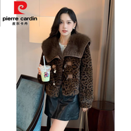 皮爾卡丹（pierre cardin）冬季環(huán)保水貂毛毛豹紋皮草外套女仿狐貍毛領(lǐng)短款皮毛一體大衣女裝 咖啡色 M 96-115斤