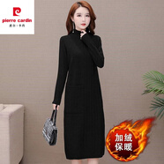 皮爾卡丹（pierre cardin）連衣裙女秋冬中長款過膝配大y針織套頭加絨加厚洋氣半高領(lǐng)打底衫 口袋條紋-加/絨  【黑色】 3XL 【建議140-150斤】