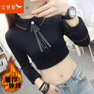 紅蜻蜓加絨針織衫女2025年秋季新款加厚打底衫內搭保暖上衣女裝毛衣女士 黑色加絨（適合80-130斤） 均碼