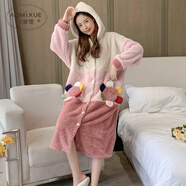 奧蜜雪秋冬季珊瑚絨睡袍女加厚睡裙女法蘭絨加絨卡通可愛家居服保暖浴袍 24H-9007彩葉花裙 L（推薦105斤-120斤）