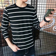 木子勝學(xué)生短袖T恤男上衣黑白條紋夏天衣服韓版帥氣打底衫男 黑長(cháng) L