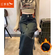 紅蜻蜓牛仔褲女窄版直筒2025年春季新款女裝高腰女士休閑闊腿加絨褲子女 加絨 水泥灰長(cháng)褲 L