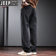JEEP SPIRIT秋冬季牛仔褲男寬松直筒闊腿褲歐美簡(jiǎn)約加絨加厚男士休閑長(cháng)褲子潮 黑色 常規 32 體重141-150斤