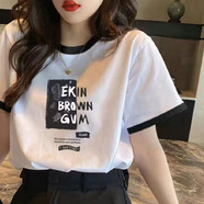 纖蕓沐（XIANYMU）t恤女短袖寬松韓版夏季圓領(lǐng)休閑上衣時尚印花純棉體恤衫短袖女  [黑領(lǐng)] 長方形英文 L 建議110-120斤