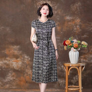 齊黛真絲連衣裙女士夏季新款高端氣質(zhì)時尚小個子圓領(lǐng)腰帶桑蠶絲裙子 黑白紋 XL /110-120斤