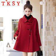 TKSY新中式國風(fēng)盤扣毛呢外套女秋冬2025新款斗篷披肩嘉興雙面羊毛大衣 中國紅- L 【125-145斤】