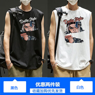 出闊背心男純棉夏季外穿寬肩潮流寬松休閑運(yùn)動(dòng)健身跨欄坎肩無(wú)袖t恤男 黑色+白色（字母DS) （2件裝） L （建議111斤-130斤）
