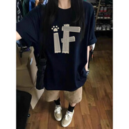 嬌茹妮美式oversize藏青色字母純棉短袖T恤男女夏季高街設計感情侶上衣 藏青色【高品質(zhì)100%重磅純棉】 M (83—103斤）
