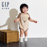 Gap嬰兒夏季純棉印花撞色短袖連體衣兒童裝包屁衣505609 卡其色505609 73cm (6-9月)亞洲尺碼
