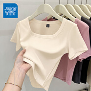 真維斯（JEANSWEST）簡(jiǎn)約風(fēng)t恤女夏季韓版緊身顯瘦方領(lǐng)短款短袖女裝休閑百搭半袖小衫 杏色 純色 M