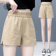 LNAN刺繡短褲女2025夏季新款韓版百搭松緊高腰運動(dòng)闊腿休閑a字熱褲 卡其色 9909 L 105-115斤