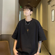 憶克薩美式復(fù)古短袖T恤男2025新款夏季潮高街帥氣百搭半頭嘻哈休閑體恤 XT400-黑色 十字印花 XL 170-178cm/60-65kg