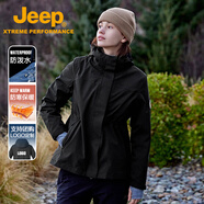 Jeep沖鋒衣男女三合一可拆卸抓絨衣外套夾克戶外防風(fēng)防水登山服品牌黑