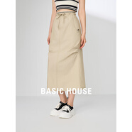 BASIC HOUSE/百家好高腰時(shí)尚a字工裝裙2024夏季新款中長(zhǎng)款抽繩黑色半身裙女 豆綠 S