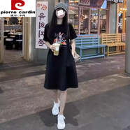 皮爾卡丹（pierre cardin）純棉T恤裙女2024新款夏季中長款寬松大碼短袖長t裙時(shí)尚直筒連衣裙 黑色(yue兔) S
