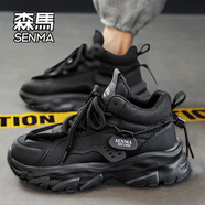 森馬（senma）男鞋秋季新款加絨高幫皮面休閑棉鞋百搭運動(dòng)鞋男厚底增高老爹鞋男 黑色 40